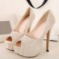 Beige Peep Toe Rhinestone Platform Pump Heels(US6.5)