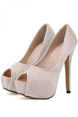 Beige Peep Toe Rhinestone Platform Pump Heels(US7.5).