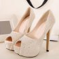 Beige Peep Toe Rhinestone Platform Pump Heels(US7.5).