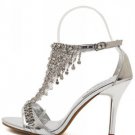 Silver Rhinestone Decor Open Toe Ankle Buckle Strap Heels(US7.5)