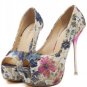Blue Floral Print Peep Toe Platform Pump Heels(US6.5)
