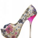 Blue Floral Print Peep Toe Platform Pump Heels(US8)