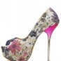 Blue Floral Print Peep Toe Platform Pump Heels(US8.5)