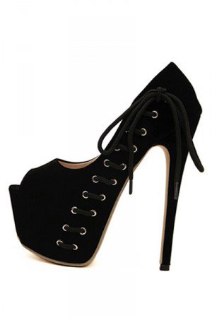 Black Peep Toe Side Lace Up Platform High Heels(US8)