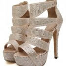 Gold Rhinestone Decor Peep Toe Platform Heels(US7.5)