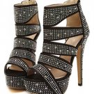 Black Rhinestone Decor Peep Toe Platform Heels(US6)