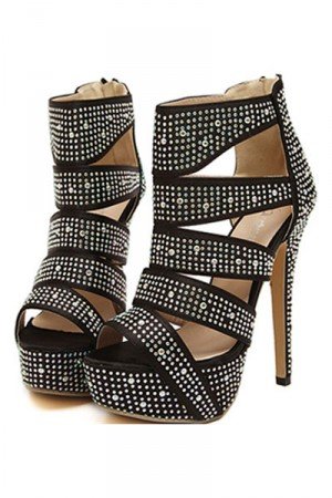 Black Rhinestone Decor Peep Toe Platform Heels(US6)