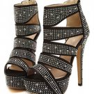Black Rhinestone Decor Peep Toe Platform Heels(US8.5)