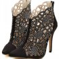 Black Faux Leather Pointed Toe Hollow Out Booties(US7.5)