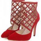Red Suede Hollow Out Rhinestone Pointed Toe Booties(US6)