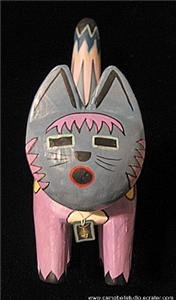 Aztec Painted Cat Figurine with Skeleton Fish DogTag NM