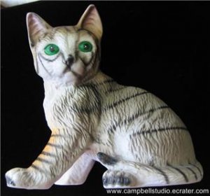 Bisque Grey Domestic GreenEye Tiger Stripe Cat Figurine