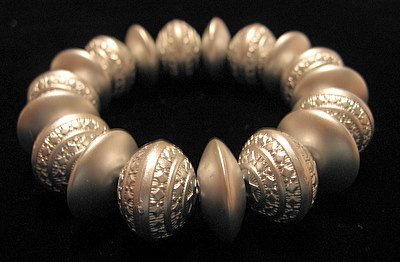 Silver Painted Bicone Wood Carved Bead Stretch Bracelet