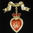 Heart & Crown Red Enamel GoldTone Bow Dangle Pin/Brooch