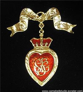 Heart & Crown Red Enamel GoldTone Bow Dangle Pin/Brooch