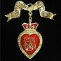 Heart & Crown Red Enamel GoldTone Bow Dangle Pin/Brooch