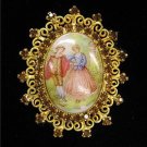 Porcelain Cameo Filagree Gold Tone Amber Crystals Pin/Brooch