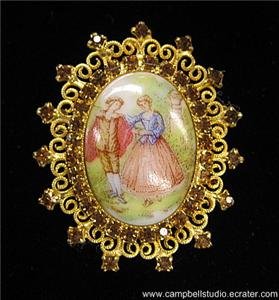 Porcelain Cameo Filagree Gold Tone Amber Crystals Pin/Brooch