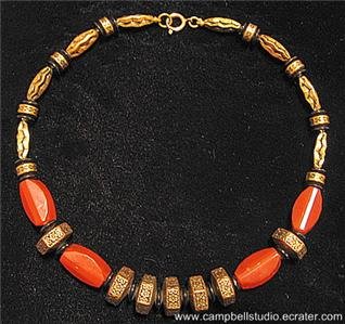 Oriental Coral Acrylic Antique Gold DiskBead Necklace NM