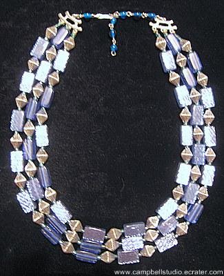 Blue Shiny Glass & Silver Tone Bicone Bead Necklace NM