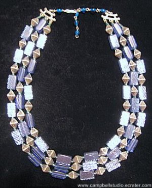 Blue Shiny Glass & Silver Tone Bicone Bead Necklace NM