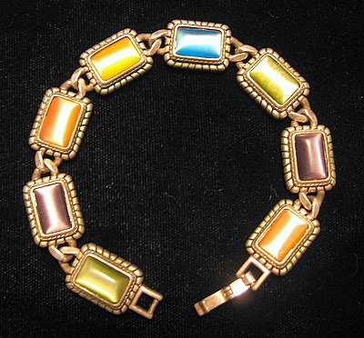 Cat's Eye Multi-Color Antique Brass Style Metal Bracelet Signed