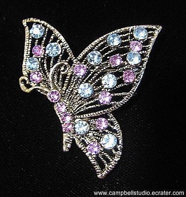 Butterly Blue/Lavendar Crystal Pin/Brooch Antique SilverTone