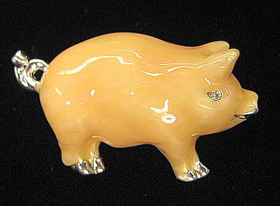 Pig Pin/Brooch Flesh Colored Enamel Silver & Crystal Mint