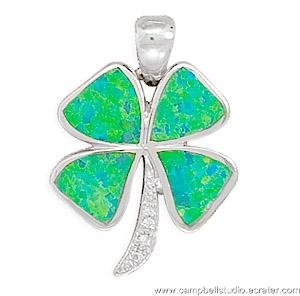 St Patrick Clover Pendant Synthetic Opal 925 Silver NEW