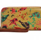 Designer Vintage Style Bird Print Oilcloth Zip Around Purse In Mustard UK Stock