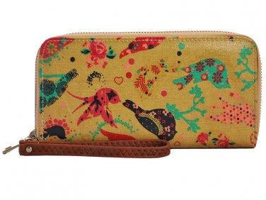 Designer Vintage Style Bird Print Oilcloth Zip Around Purse In Mustard UK Stock