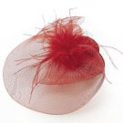 Bright Red Small Velvet Hat Fascinator with Feather Hair Accessory Clip On Slide