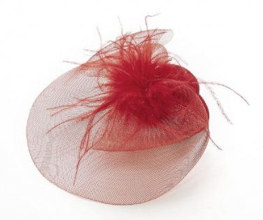 Bright Red Small Velvet Hat Fascinator with Feather Hair Accessory Clip On Slide