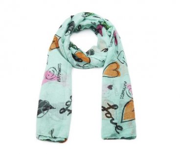 Happiness and Love Heart Slogan Printed Fashion Scarf in Mint Pastel Colours