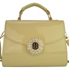 Celebrity Style Cream and Gold Patent Satchel Handbag with Diamante Twist Lock