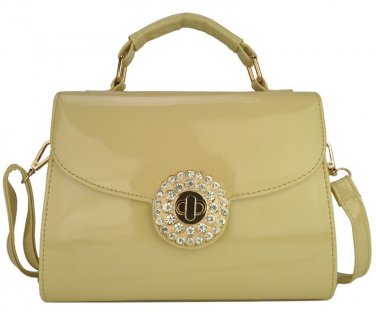 Celebrity Style Cream and Gold Patent Satchel Handbag with Diamante Twist Lock