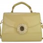 Celebrity Style Cream and Gold Patent Satchel Handbag with Diamante Twist Lock