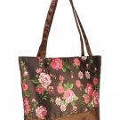 Coffee Vintage Style Rose Flower Print Shopper Handbag with Purse