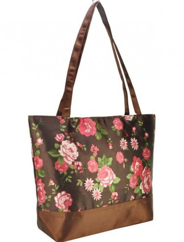 Coffee Vintage Style Rose Flower Print Shopper Handbag with Purse