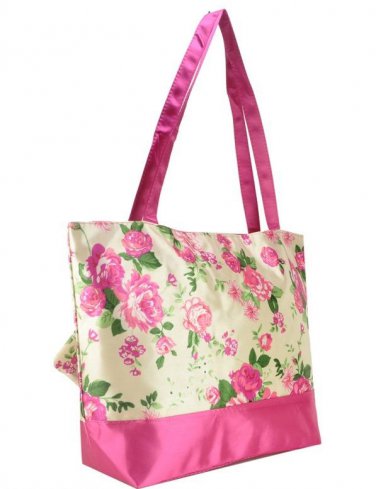 Pink and Beige Vintage Style Rose Flower Print Shopper Handbag with Purse