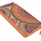 Orange Embroidered Pattern Vintage Style Print Zip Around Clutch Purse