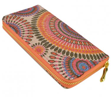 Orange Embroidered Pattern Vintage Style Print Zip Around Clutch Purse