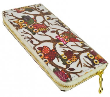 Designer Inspired Owl Print Zip Around Clutch Purse in White UK Stock