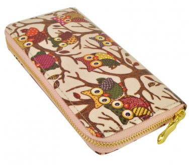 Designer Inspired Owl Print Zip Around Clutch Purse in Light Beige UK Stock