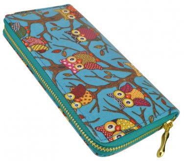 Designer Inspired Owl Print Zip Around Clutch Purse in Ocean Blue UK Stock