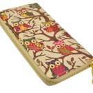 Designer Inspired Owl Print Zip Around Clutch Purse in Beige UK Stock