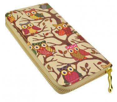 Designer Inspired Owl Print Zip Around Clutch Purse in Beige UK Stock