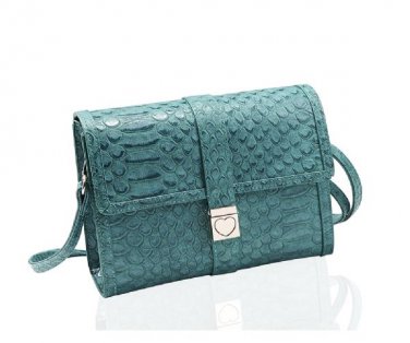 Green Snake Skin Print With Heart Push Lock Fashion Handbag + FREE GIFT