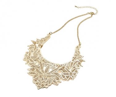 2014 Summer Fashion Metallic Gold Lace Effect Laser Cut Statement Necklace