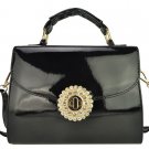 Black and Gold Patent Satchel Handbag with Diamante Twist Lock + FREE GIFT